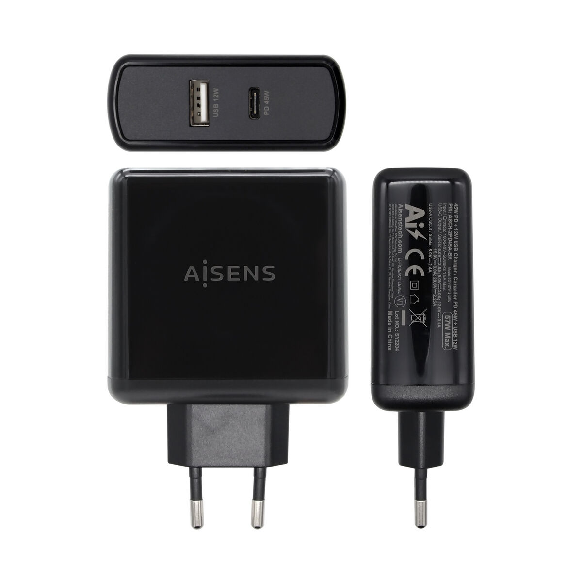 USB Seinalaadija Aisens ASCH-2PD45A-BK 57 W Must USB-C